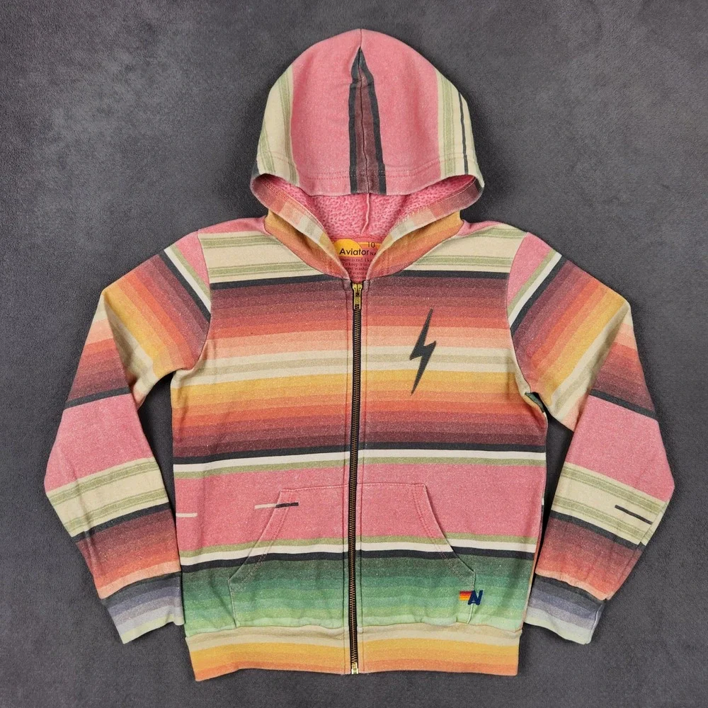 Aviator Nation Zip Hoodie Kids 10 Multicolor Serape Stripe Lightning‎ Bolt USA